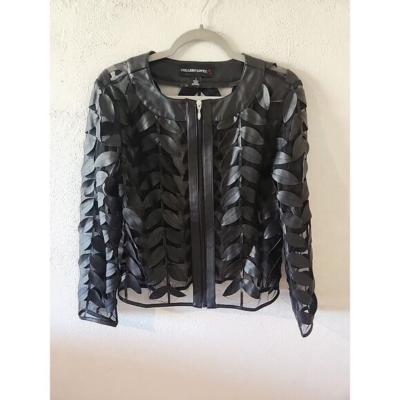COLLEEN LOPEZ Women's Black Faux Leather Leaf Mesh Jacket SZ Small - Picture 1 of 5
